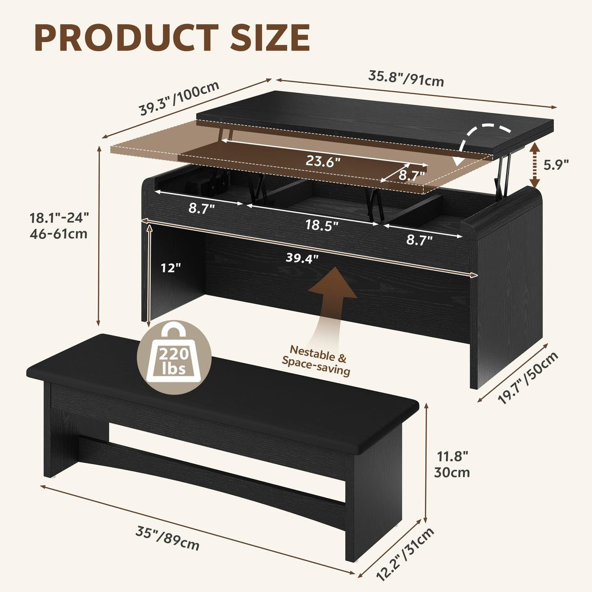 Homiflex Coffee Table Lift Top, 40'' Multi-Function Coffee Table Set with Bench & Hidden Compartment, Center Table w/Curved Corner, Converts to Home Office Table, Dining Table for Living Room, Black Homiflex