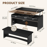 Homiflex Coffee Table Lift Top, 40'' Multi-Function Coffee Table Set with Bench & Hidden Compartment, Center Table w/Curved Corner, Converts to Home Office Table, Dining Table for Living Room, Black Homiflex