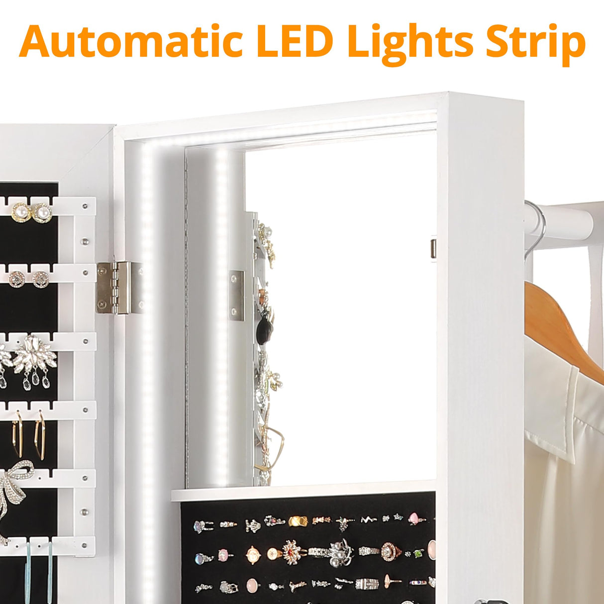 IRONCK Jewelry Cabinet with 3 Drawers, Lockable Standing Jewelry Armoire Organizer with Garment Rack, Full Length Mirror with Jewelry Storage and 4 Wheels for Bedroom, Cloakroom, White IRONCK