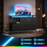 KKL Black Dresser for Bedroom with Light Strip & Power Outlet — 8 Drawers Dressers & Chest of Drawers with Shelf, Wood Top, Metal Frame, Wide Dressers for Girls Bedroom, Living Room, Hallway, Closet KKL