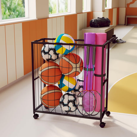 Homsorout Ball Storage Bin Rolling Sports Ball Cart, Metal Garage Organizer Sport Rack, Ball Basket Storage, Ball Cage for Garage or Gym, Indoor & Outdoor Sports Equipment Organizer Black Homsorout