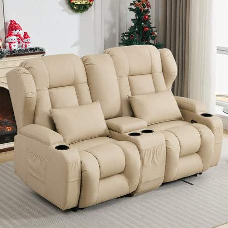 SAMERY 65.5" RV Loveseat Recliner Double Recliner RV Sofa & Console | Wall Hugger Loveseat Reclining RV | RV Theater Seats | RV Couch | RV Home Theater Seating Furniture (Fabric Beige) SAMERY