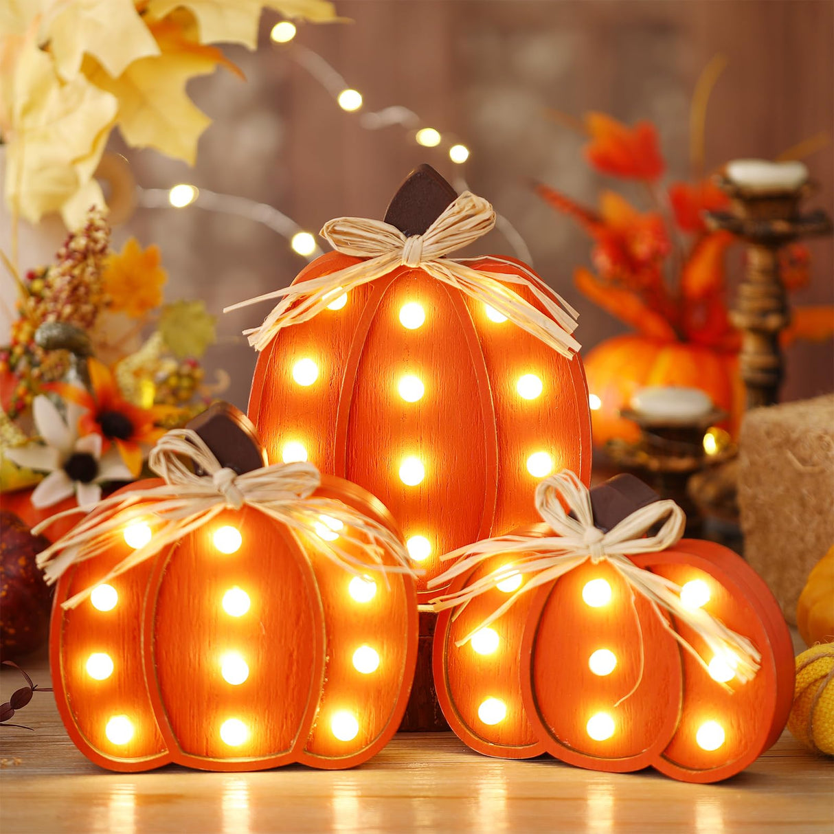 Grinsvalley 3 Pcs Light up Thanksgiving Pumpkin Decor Thanksgiving Farmhouse Pumpkins Sign Rustic Tiered Tray Decorations Table Centerpieces Standing Wooden Block Sign for Home Kitchen Halloween Grinsvalley