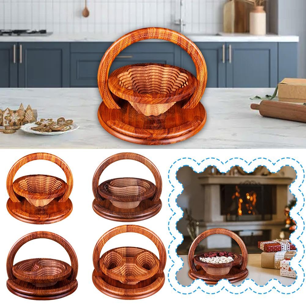 CTDWNT Handmade Wood Carving Fruit Plate,Wooden Collapsible Fruit Basket,Foldable Bamboo Dried Fruit Basket Collapsible Bread Nuts Baskets CTDWNT