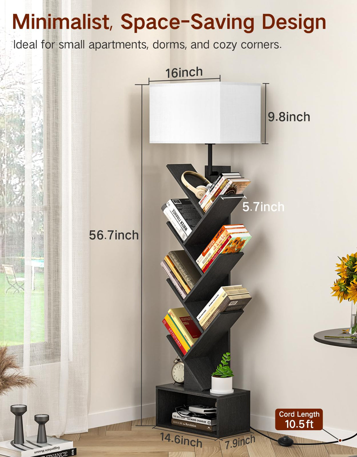 OUTONLIFE 6 Tier Tree Bookshelf with Light, Remote & Timer, Modern Tall Floor Standing Book Shelf, Narrow Wood Bookcase, Small Book Organizer Shelves for Living Room, Bedroom, Office (Black) OUTONLIFE