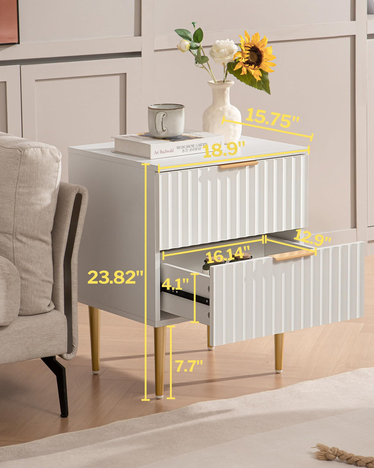 SICOTAS White Night Stand Set 2, Wide Fluted Nightstand with 2 Drawers, Modern Glossy Storage Bedside Table for Bedroom, End Side Table with Golden Metal Legs and Handles（2, White） SICOTAS