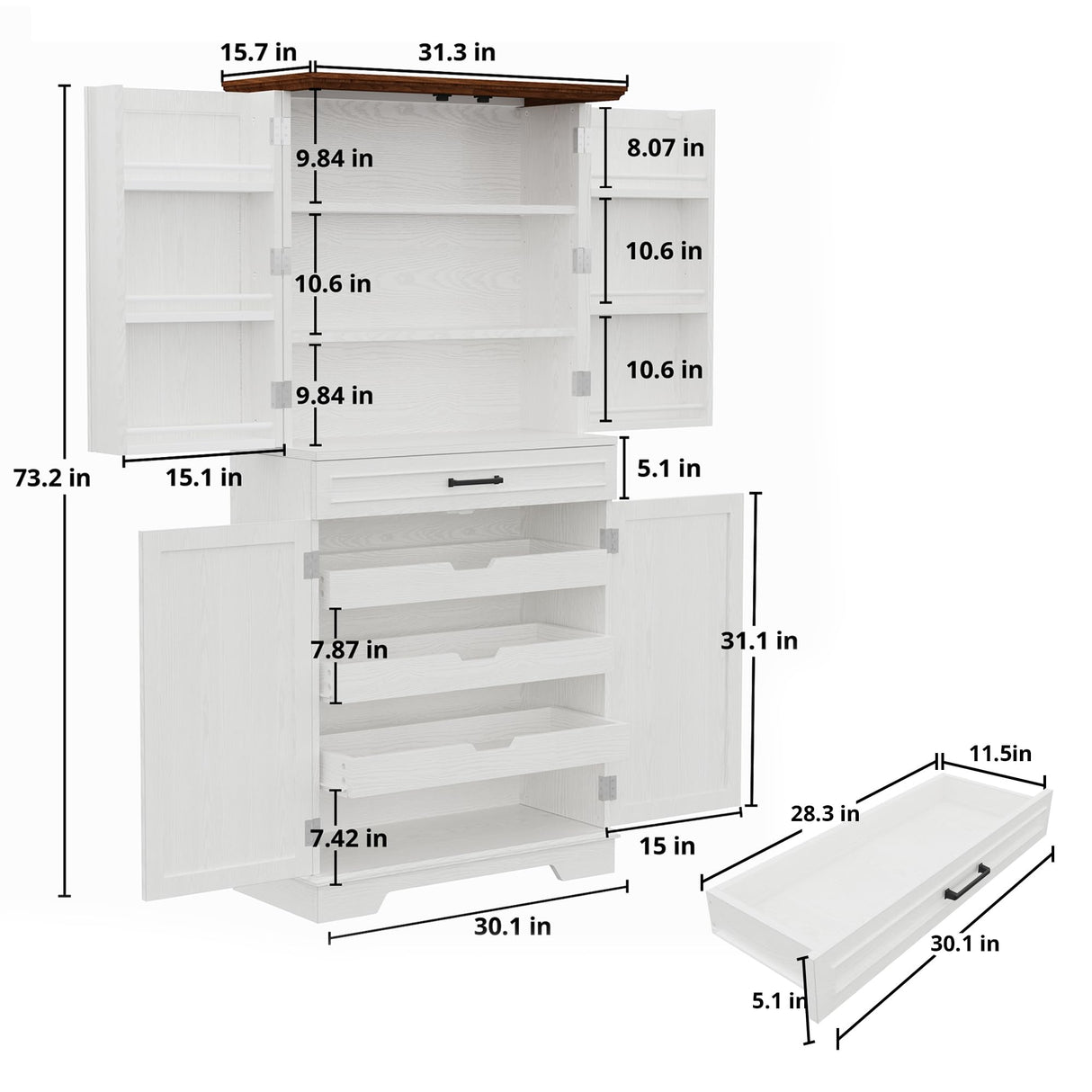 IRONCK Farmhouse Kitchen Pantry Cabinet, 72" Height Tall Freestanding Cupboard with Sliding Storage Rack and 6 Hanging Shelves for Kitchen, Dining Room, White IRONCK