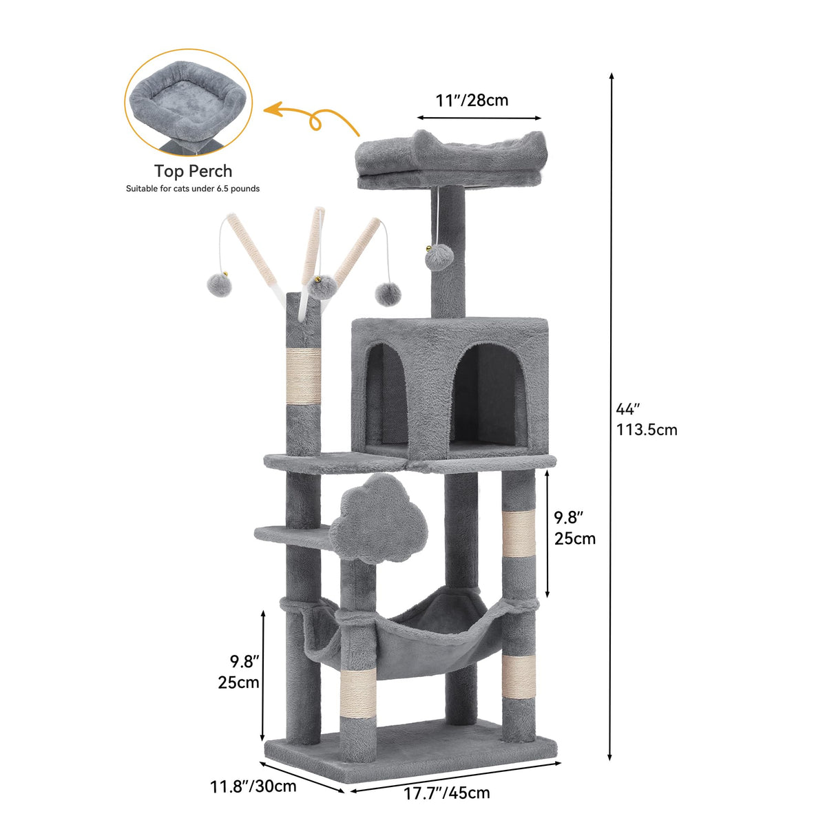YITAHOME 44in Multi-Level Cat Tree for Indoor Kittens, Cat Furniture with Scratch Posts, Window Padded Plush Perch, Comfortable Hammock, and Interactive Pompoms, Light Gray YITAHOME
