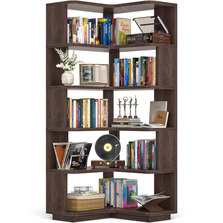 Armocity Corner Book Shelf - 6 Tier Corner Bookshelf Etagere Bookcase with Baffle, Freestanding L Shaped Display Shelf Stand for Home Office, Living Room, Bedroom, Kitchen, Black Walnut Armocity