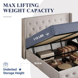 Allewie Queen Size Lift Up Storage Bed, Button Tufted Headboard with Wingback, Hydraulic Support, No Box Spring Needed, Light Beige Allewie