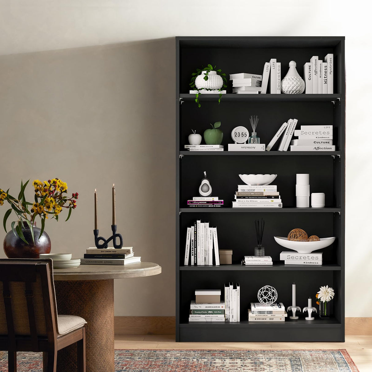 Soohow 5 Shelf Bookcase,60 Inch Wood Tall Bookshelves for Living Room,Black Soohow