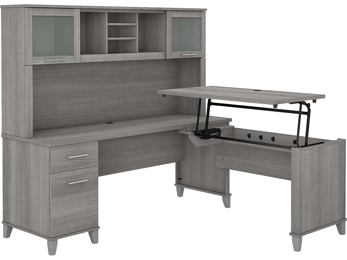 Bush Furniture Somerset 72W 3 Position Sit to Stand L Shaped Desk with Hutch in Platinum Gray Bush Business Furniture