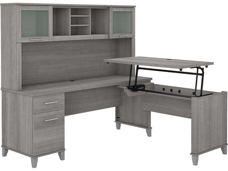 Bush Furniture Somerset 72W 3 Position Sit to Stand L Shaped Desk with Hutch in Platinum Gray Bush Business Furniture