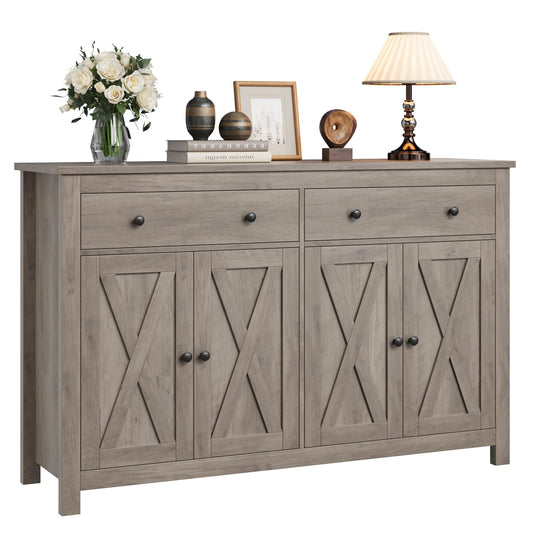 FOTOSOK Sideboard Buffet Cabinet with Storage, 55" Large Kitchen Storage Cabinet with 2 Drawers and 4 Doors, Wood Coffee Bar Cabinet Buffet Table for Kitchen Dining Room, Ash Grey - WoodArtSupply