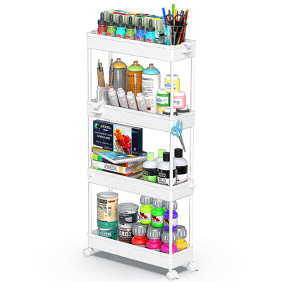 SPACEKEEPER Slim Rolling Storage Cart 4 Tier Bathroom Organizer Mobile Shelving Unit Utility Cart Tower Rack for Kitchen Laundry Narrow Places, White