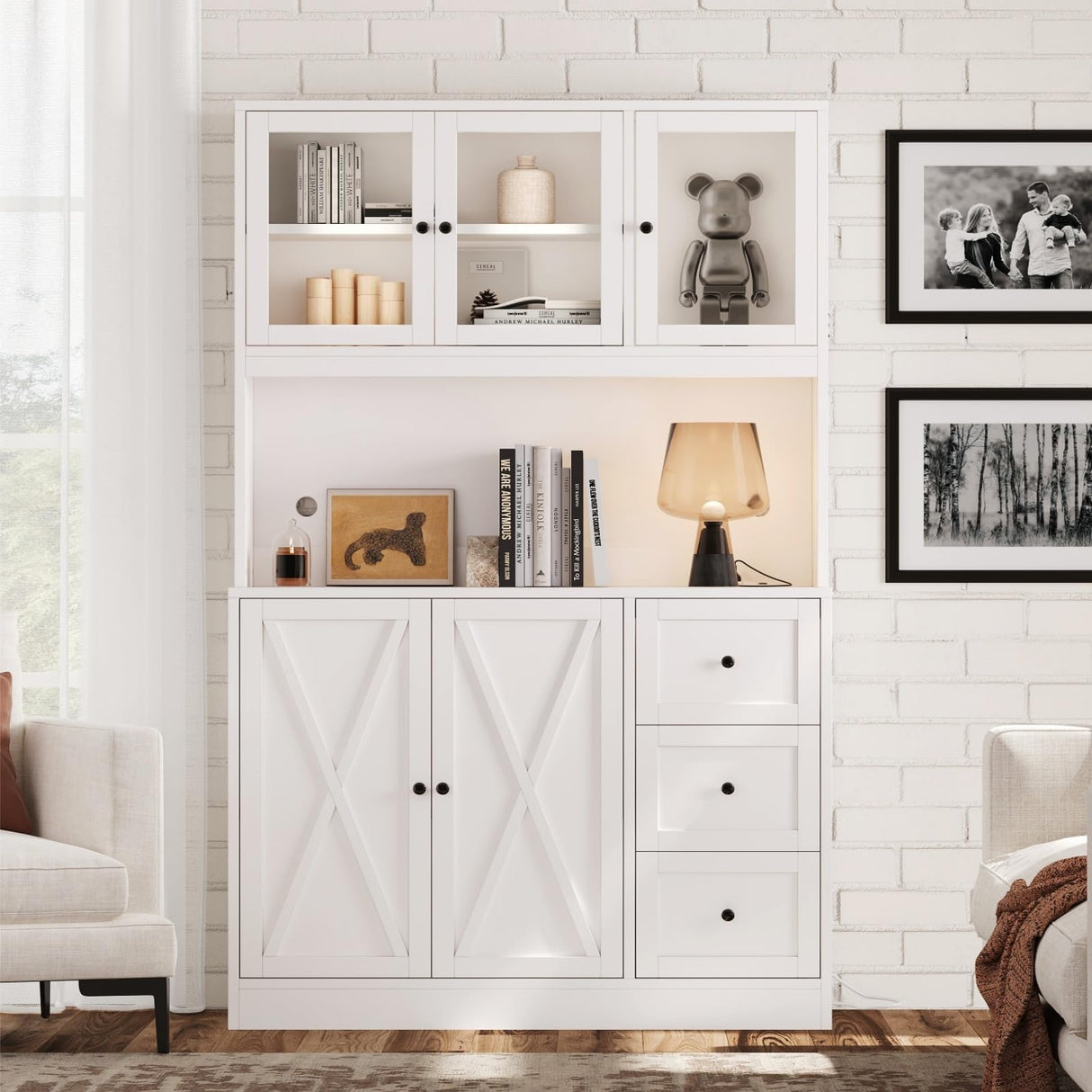 Irontar 70.9'' Kitchen Pantry Cabinet, Kitchen Hutch with Microwave Stand & Charging Station, Farmhouse Tall Kitchen Cabinet with Countertop, Bar Cabinet with Drawer and Glass Doors, White CWG011WE Irontar