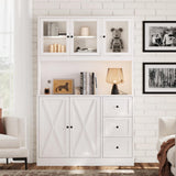 Irontar 70.9'' Kitchen Pantry Cabinet, Kitchen Hutch with Microwave Stand & Charging Station, Farmhouse Tall Kitchen Cabinet with Countertop, Bar Cabinet with Drawer and Glass Doors, White CWG011WE Irontar