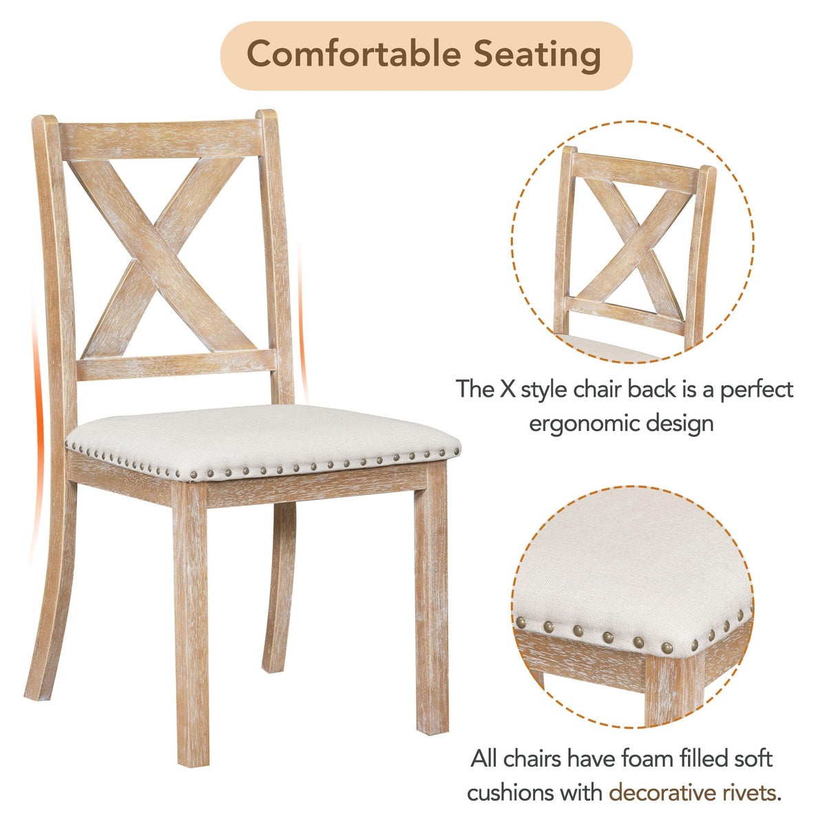 XD Designs Farmhouse 6-Piece Extendable Dining Room Table Sets, Acacia Wood 82'' Dining Table with 2 Removable Leaf and Upholstered Dining Chairs& Bench, Soft Cushion with Rivet (Natural+Be) XD Designs