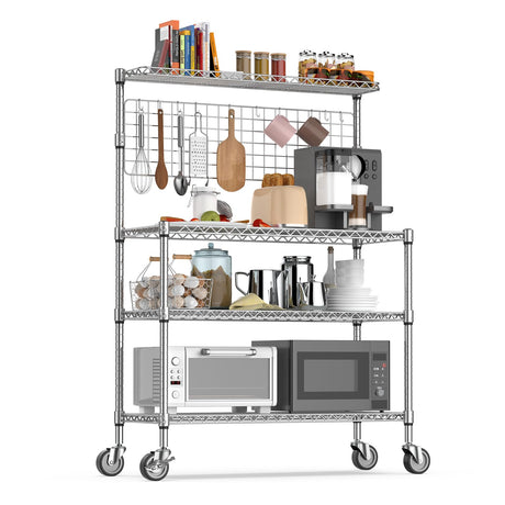 Leteuke Bakers Rack with Storage & Wheels, 42 Inch Microwave Stand Kitchen Shelves, 4-Tier Heavy Duty Storage Rack with 20 S-Hooks, Commercial Metal Utility Kitchen Cart, 42× 18× 63 Inch, Chrome Leteuke
