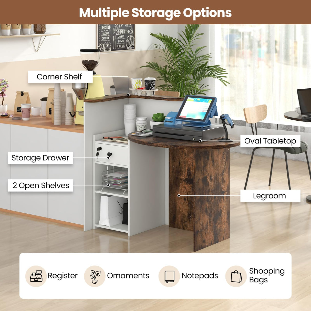 IFANNY Reception Desk, 48’’ Retail Counter w/Lockable Drawer & Storage Shelf, L-Shaped Reception Table, Wooden Computer Desk for Salon, Restaurant, Office (Rustic Brown & White) IFANNY