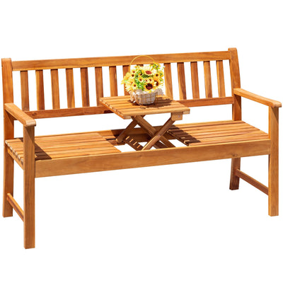 Devoko Outdoor Bench, 2-Person Garden Bench, Patio Wood Bench Outdoor Loveseat with Pull-Out Center Table for Backyard, Balcony and Patio and Garden (Log Color)
