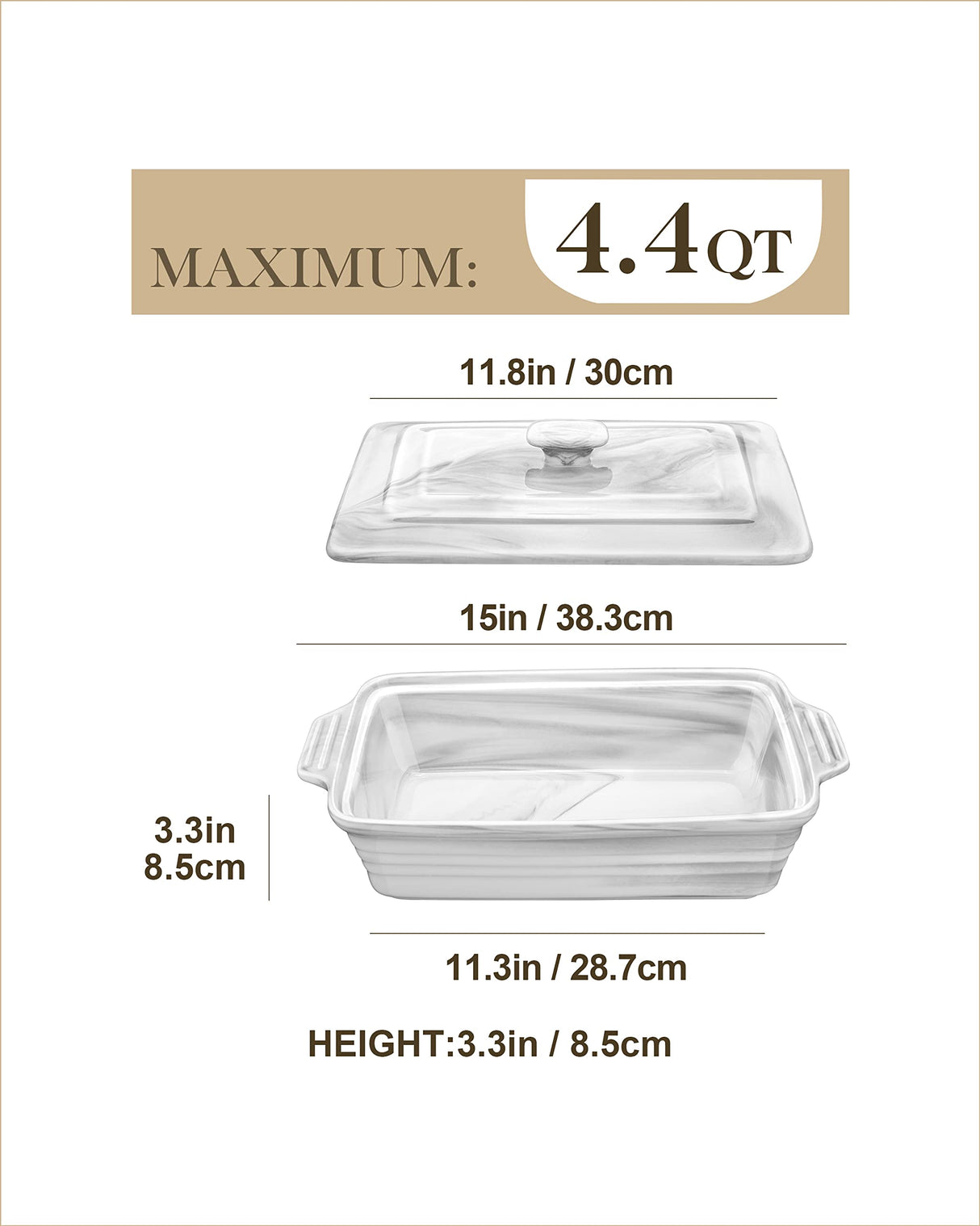 MALACASA Large Casserole Dish with Lid, 4.4 Quart Ceramic Baking Dish for Oven, 13 x 9 Lasagna Pan Deep with Lid, Microwave, Dishwasher Safe, Series BAKE-GREY MALACASA