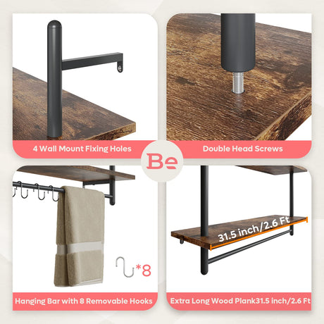 Bestier Pipe Shelf Industrial Floating Shelving 31" Kitchen Wall-Mounted Shelf with Towel Bar Hooks Coffee Bar Shelves Wine Hanging Display Rack Bookshelf Living Room Decor Bathroom-Rustic Brown Bestier