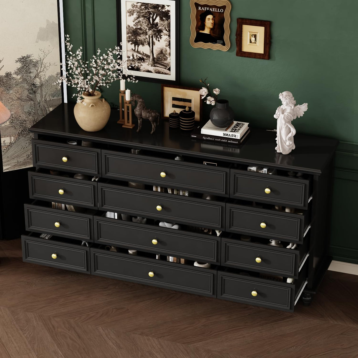ROMSHINE 12 Drawers Dresser for Bedroom, 63" Wide Chesst of Drawers with Wooden Legs, Traditional Closet Storage Dressers Organizer, Bedroom Dresser for Closet, Living Room, Hallway, Black ROMSHINE