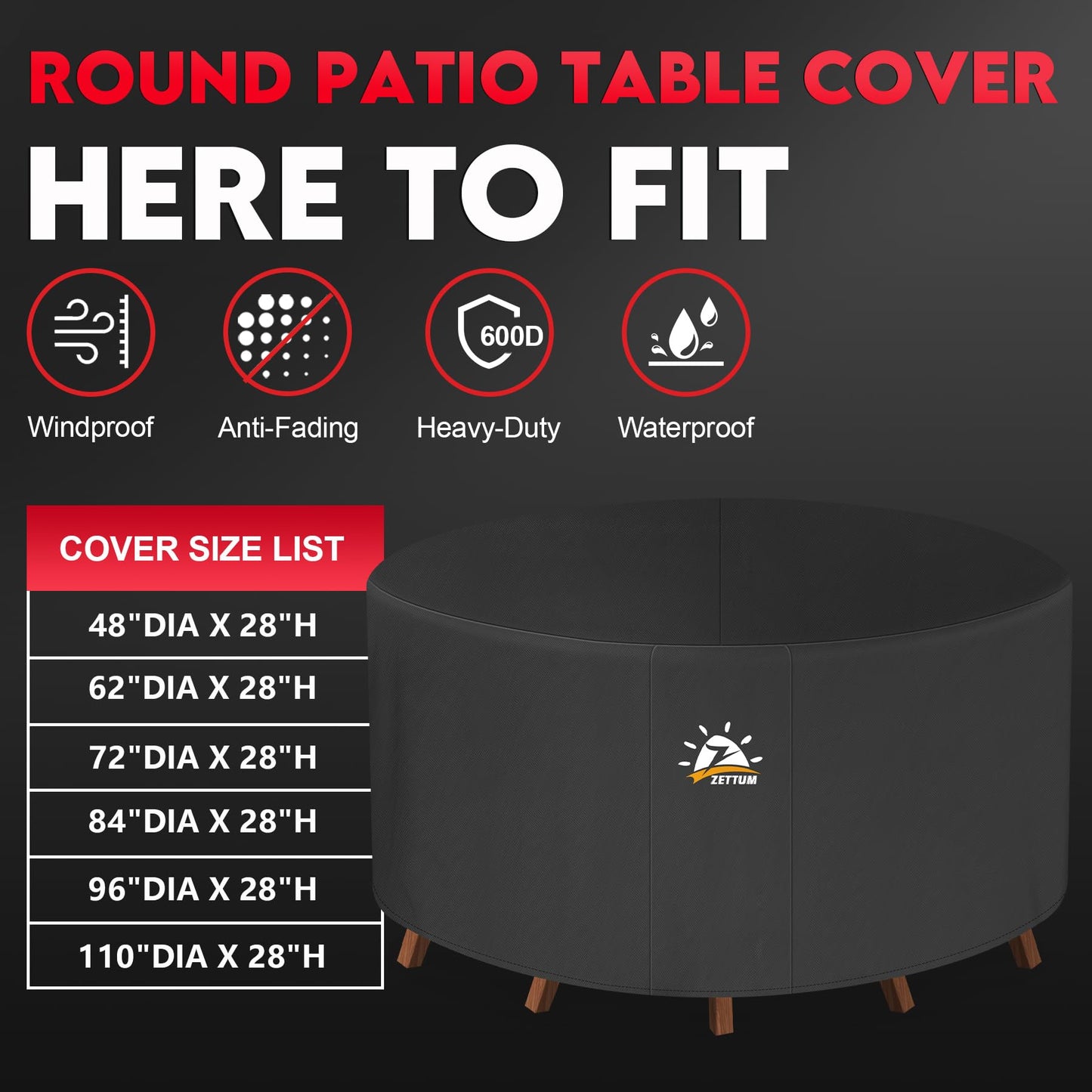 Zettum Round Patio Table Cover 84 Inch - 600D Outdoor Furniture Cover Round Waterproof & Heavy Duty, Lawn Furniture Set Covers Large for Outside Dining Table and Chairs Seating - 84 x 84 x 28 Inch