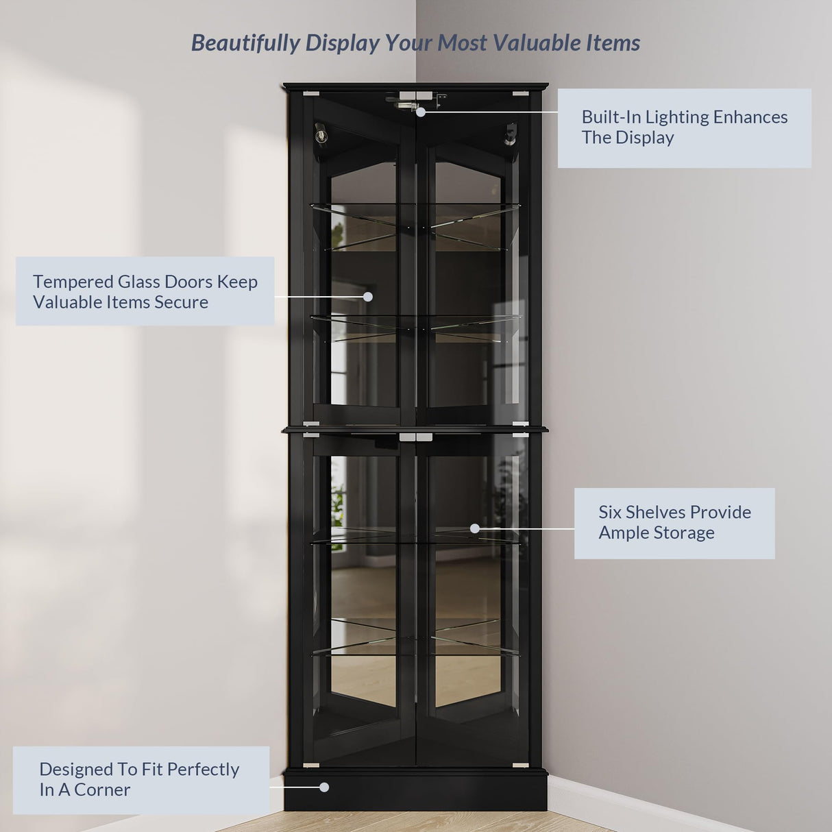BELLEZE Lighted Corner Display Curio Cabinet Wooden Shelving Unit with Tempered Glass Door, Bar and Liquor Storage Area with 6 Shelves - Woody (Black) BELLEZE