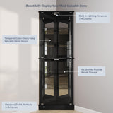 BELLEZE Lighted Corner Display Curio Cabinet Wooden Shelving Unit with Tempered Glass Door, Bar and Liquor Storage Area with 6 Shelves - Woody (Black) BELLEZE