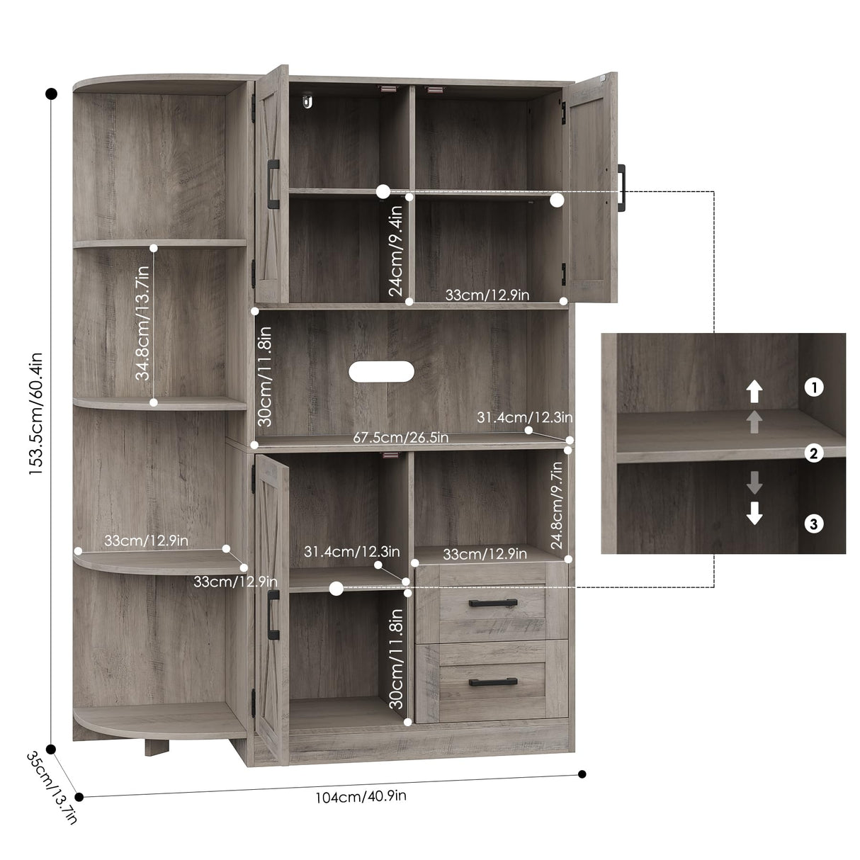 HOSTACK 60.4" Farmhouse Kitchen Pantry Storage Cabinet, Freestanding Hutch with Doors & Shelves, Buffet Sideboard with Microwave Stand, Coffee Bar with Drawers, Cupboard for Dining Room, Ash Grey HOSTACK