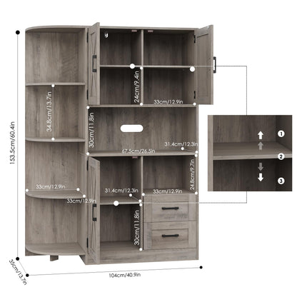 HOSTACK 60.4" Farmhouse Kitchen Pantry Storage Cabinet, Freestanding Hutch with Doors & Shelves, Buffet Sideboard with Microwave Stand, Coffee Bar with Drawers, Cupboard for Dining Room, Ash  - WoodArtSupply