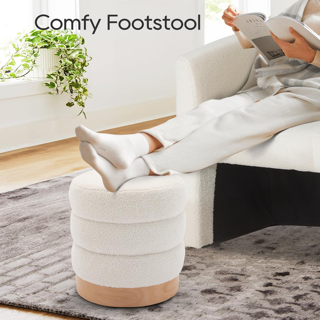 COLAMY Sherpa Ottoman Footstool, Tufted Modern Foot Rest Stool with Wood Base for Living Room, Bedroom, Desk, Round Versatile Side End Table, Pouf, Makeup Seat, Cream COLAMY