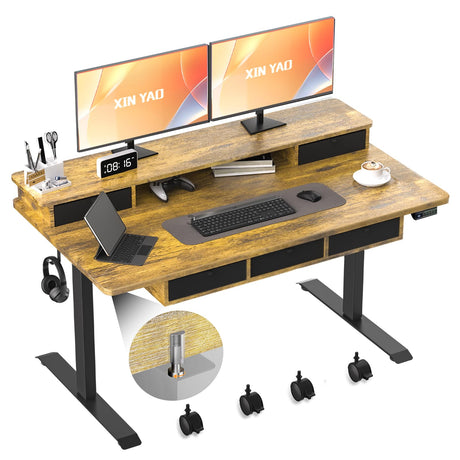 XINYAO Electric Standing Desk with 5 Drawers, Height Adjustable Desk 63 x 30 Inches Stand Up Desk, Ergonomic Desk with Wider Larger Desktop,Double Beam Standing Office Computer Desk (Rustic Brown) XINYAO