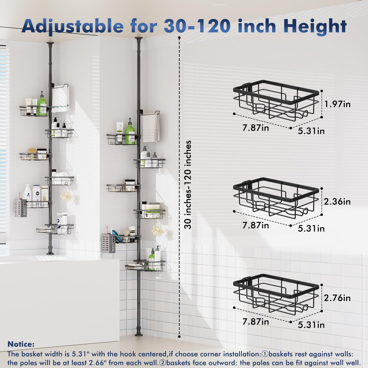 Shower Caddy Organizer Tension Pole, Rustproof 6-Pack Corner Shelf with 30-120 Inch Adjustable Shower Rack for Inside Shower, Extra Towel Bar & Soap Dish for Bathroom Organizers and Storage, Black Vatex