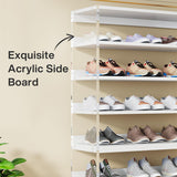 Tribesigns 8-Tier Acrylic Shoe Rack, Modern Shoe Storage with Wood Shelves, 63" Shoe Organizer Display Shelf for 24-32 Pairs, Space-Saving, White & Transparent (1) Tribesigns