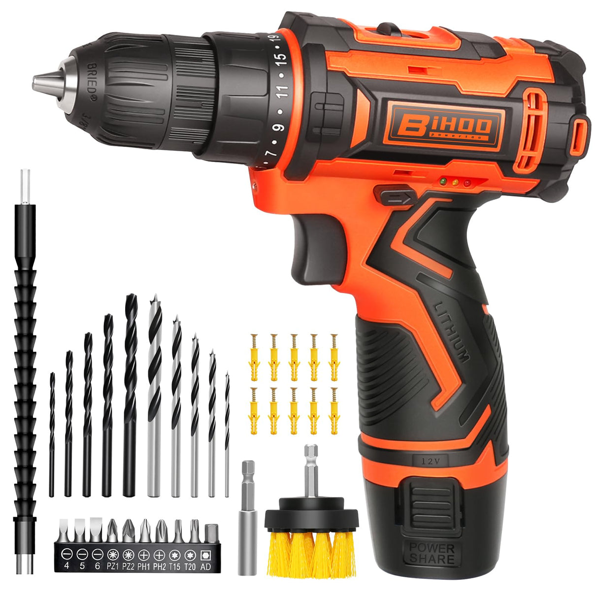 12v Drill Driver Set,Cordless Drill with Battery and Charger,LED Tools Kit,25+1 Torque Setting and 43pcs Bits BIHOO