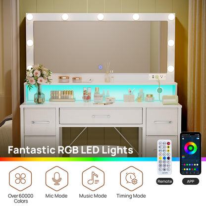 Rolanstar Vanity Desk with Mirror and Lights, Makeup Vanity with Upholstered Vanity Stool, 7 Fabric Drawers, 9 Dimmable LED Bulbs, Vanity Set with Power Outlets, RGB Strip Lights for Bedroom, White