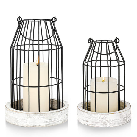 Rustic Wire Metal Cloche Set of 2 Candle Lantern Decorative Indoor Outdoor Vintage Cage Candle Holders Modern Farmhouse Decor for Fireplace Mantle Entryway Living Room Kitchen Dining Table Centerpiece SHOHAYTO