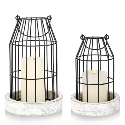 Rustic Wire Metal Cloche Set of 2 Candle Lantern Decorative Indoor Outdoor Vintage Cage Candle Holders Modern Farmhouse Decor for Fireplace Mantle Entryway Living Room Kitchen Dining Table Centerpiece