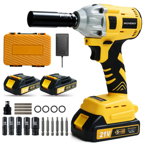 SKOVENSY Cordless Impact Wrench 258Ft-lb（350N.m）, 1/2 Impact Gun, 2 Batteries, Pistola de Impacto, with 5 Sockets, Electric Impact Driver for Car Tires and Home YELLOW SKOVENSY
