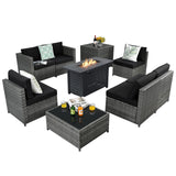 Tangkula 9 Pieces Patio Rattan Furniture Set, Patiojoy Sectional Sofa Set w/Storage Box, Coffee Table, Outdoor Wicker Conversation Set w/ 42” ETL Approved Propane Fire Pit Table (Black) Tangkula