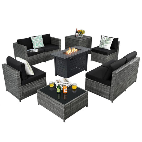 Tangkula 9 Pieces Patio Rattan Furniture Set, Patiojoy Sectional Sofa Set w/Storage Box, Coffee Table, Outdoor Wicker Conversation Set w/ 42” ETL Approved Propane Fire Pit Table (Black) Tangkula