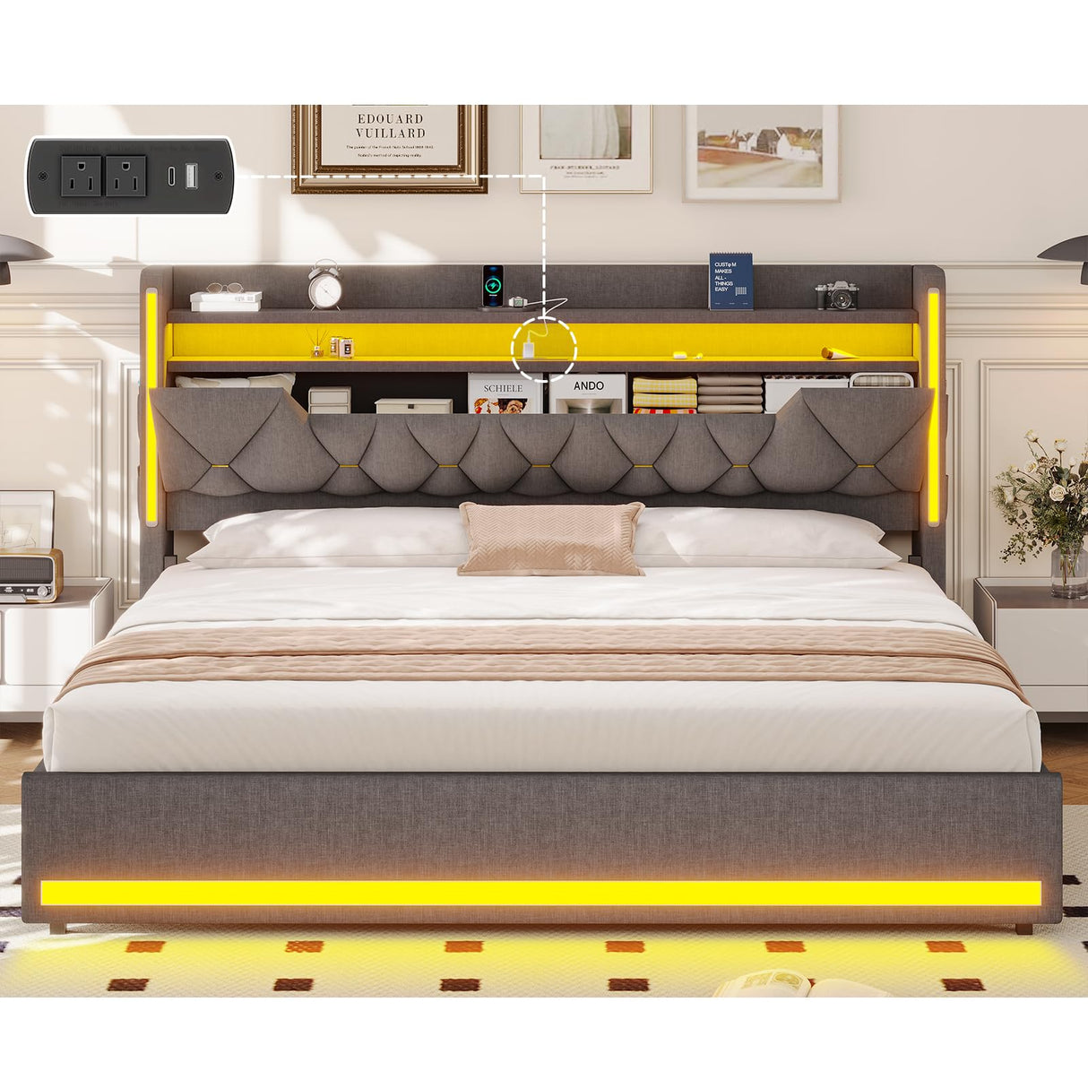 King Size Bed Frame with Storage, Platform Bed Frame King Size with LED Lights, King Bed Frame with Upholstered Headboard & Charging Station, No Box Spring Needed, Noise-Free, Easy Assembly, Gray Tagafi