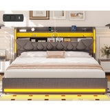 King Size Bed Frame with Storage, Platform Bed Frame King Size with LED Lights, King Bed Frame with Upholstered Headboard & Charging Station, No Box Spring Needed, Noise-Free, Easy Assembly, Gray Tagafi