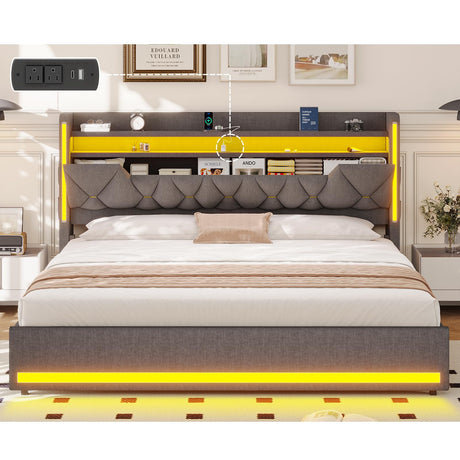 King Size Bed Frame with Storage, Platform Bed Frame King Size with LED Lights, King Bed Frame with Upholstered Headboard & Charging Station, No Box Spring Needed, Noise-Free, Easy Assembly, Gray Tagafi