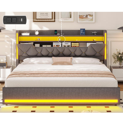 King Size Bed Frame with Storage, Platform Bed Frame King Size with LED Lights, King Bed Frame with Upholstered Headboard & Charging Station, No Box Spring Needed, Noise-Free, Easy Assembly, Gray