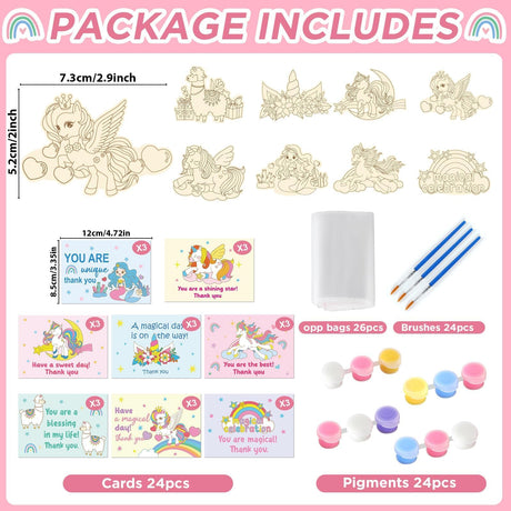 24 Set Unicorn Happy Birthday Party Favors Cards with Wood Painting Crafts Unicorn Coloring Party Supplies Unicorns Wooden Arts and Crafts Tables Centerpieces for Baby Shower Decorations Justforjoyful