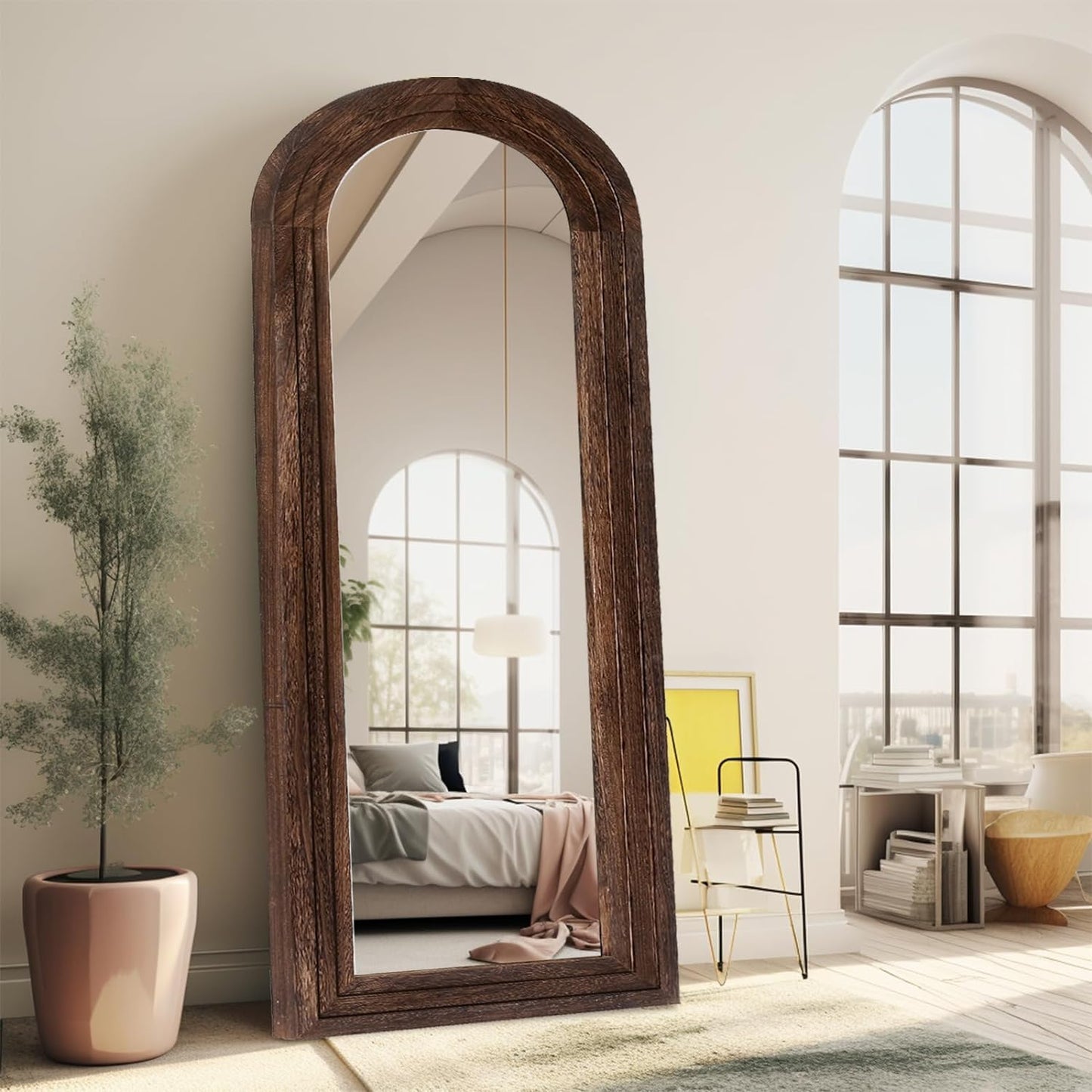 ZHUNFA Arched Full Length Mirror with Solid Wood Frame, 65x22 Farmhouse Wall Mounted Floor Mirror with Stand, Vertical Hanging, Leaning Standing for Bedroom, Living Room, Brown